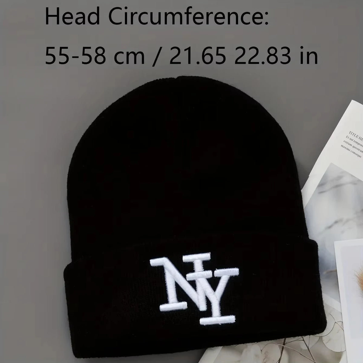 Women's HSF knitted winter beanie hat in solid color with 3D embroidery for outdoor wear