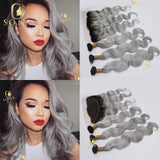 Color Ash Blonde Body Wave Hair Weave Bundle Ombre 1b/Grey 13x4 Frontal Human Hair 4x4 Closure 1 3 4 Bundle Deals For Women