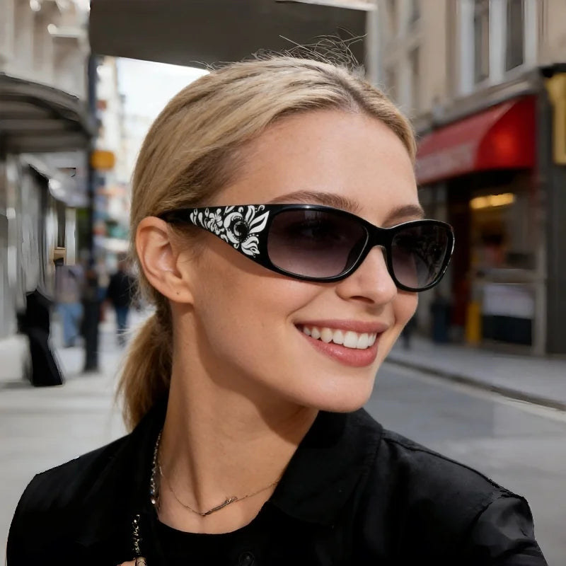 Retro cat eye sunglasses with diamond print and personalized design, trendy outdoor sun protection from HSF Marketplace.