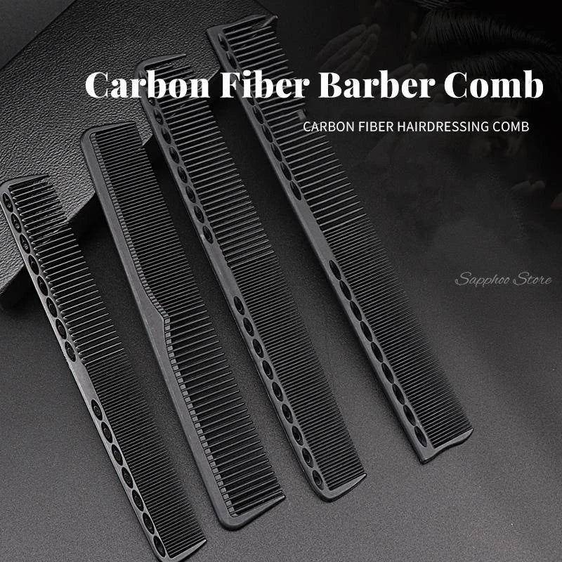 Black carbon professional hairdresser comb with double-sided design, heat resistant, antistatic for salon barber styling tools.