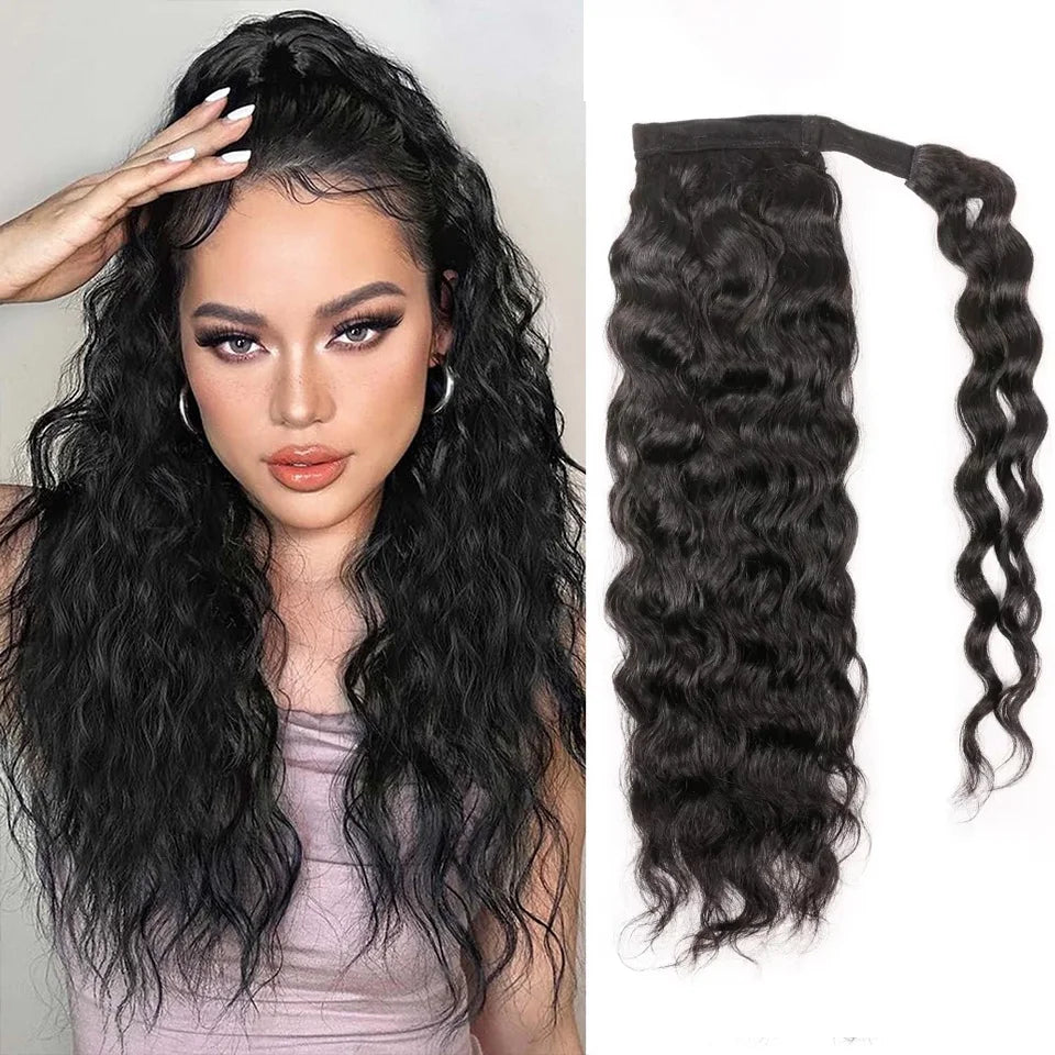 Peruvian water wave wrap-around ponytail human hair extension, 12-26 inch clip-in style for Black women