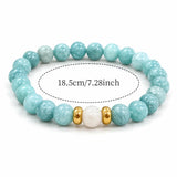 Aqua-Blue Beaded Stretch Bracelet; A Glossy, Marble-Patterned Round Bead Bracelet for Women and Girls—Stylish Everyday Jewelry