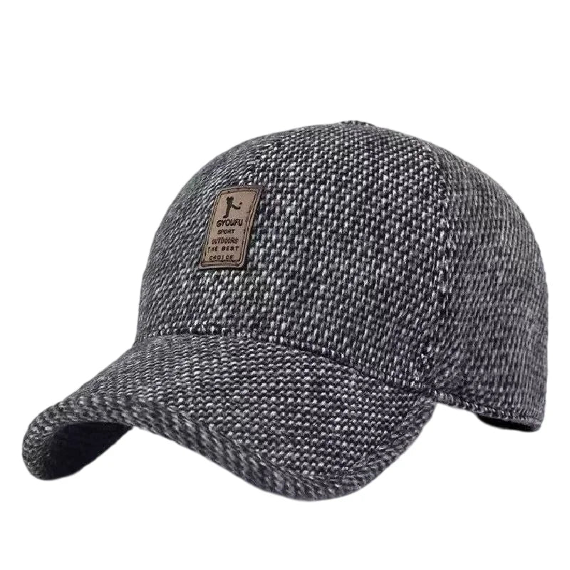 Men's winter fleece-lined baseball cap with ear flaps, thick windproof design for outdoor travel and casual wear