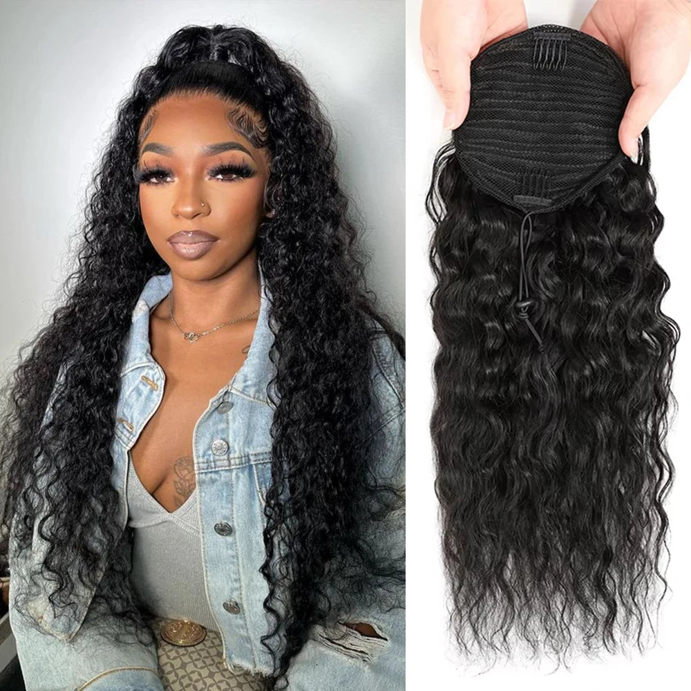 Kinky curly human hair drawstring ponytail extension, Newmi 3B 3C curls, natural black, for women