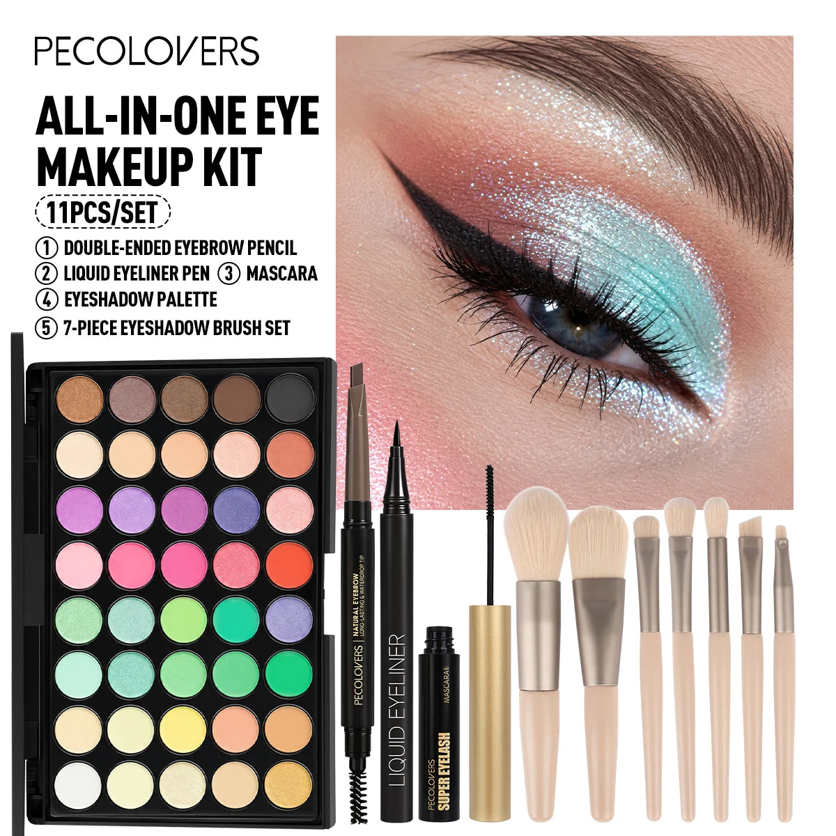 11-piece eye and brow makeup set with 40-shade eyeshadow palette, eyebrow pencil, eyeliner, mascara, and brushes