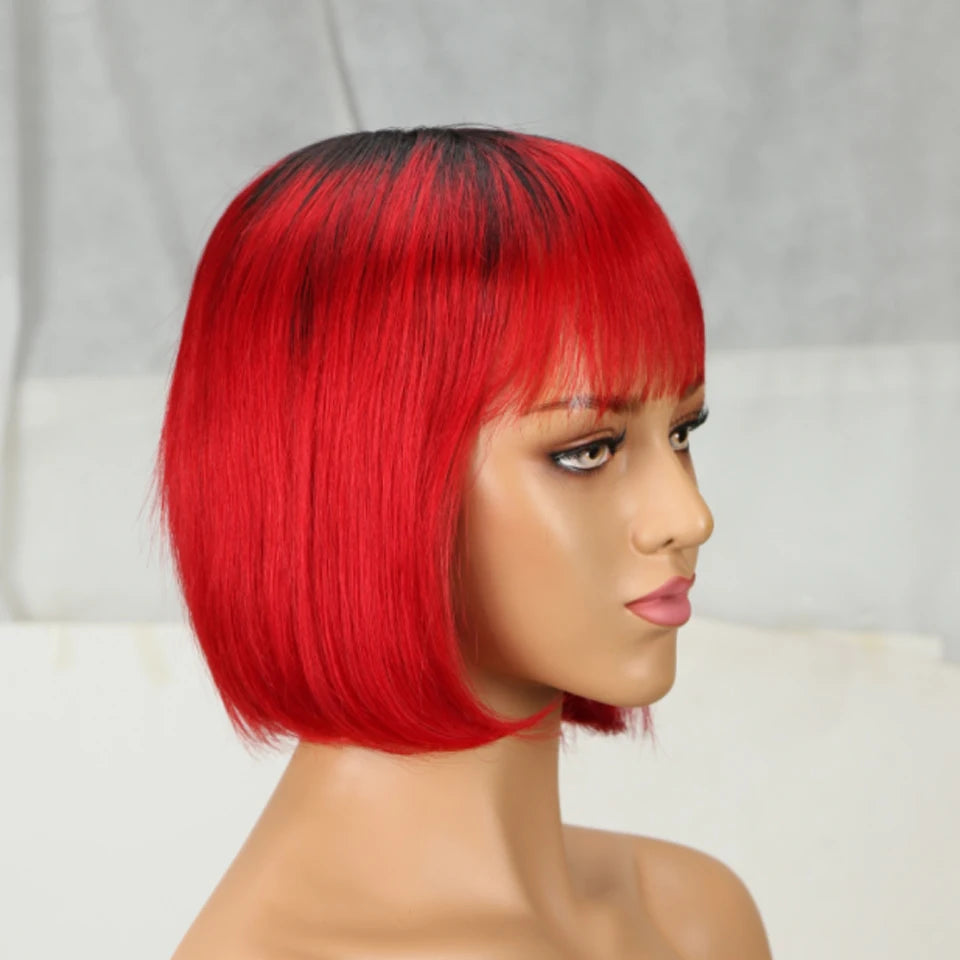 Rebecca short bob wig with bangs, Brazilian straight human hair in mixed 1B/30 color, glueless machine-made wig