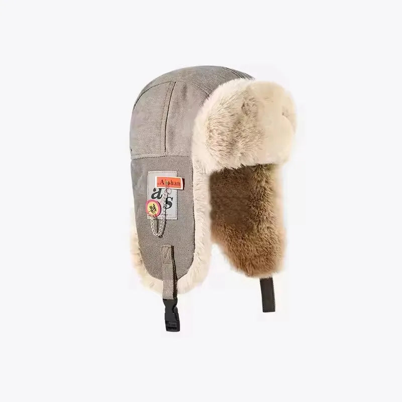Black and grey HSF Marketplace Russian ushanka bomber hat with thick fur, earflaps, and warm winter design