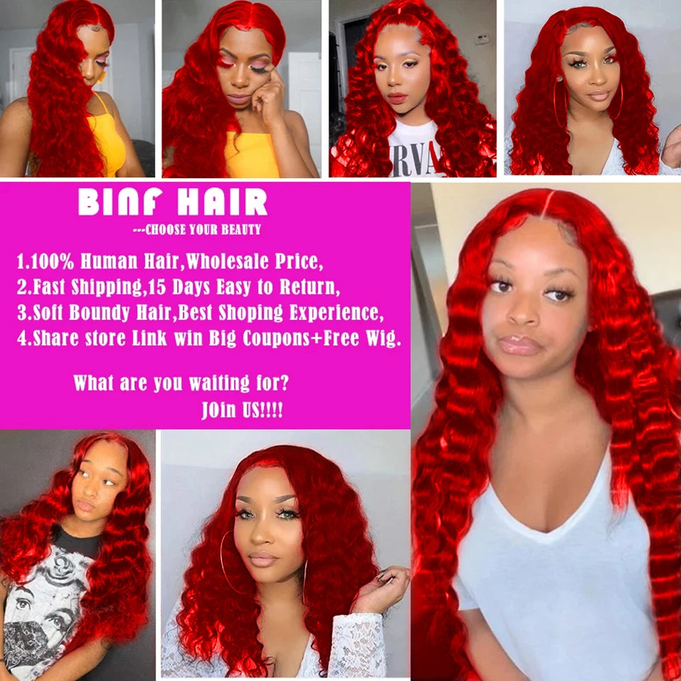 Real Pictures Hot Red Loose Deep Wave Bundles with HD Closure &Frontal Wholesale 10-30 Inch Raw Human Hair Bundles With Closure