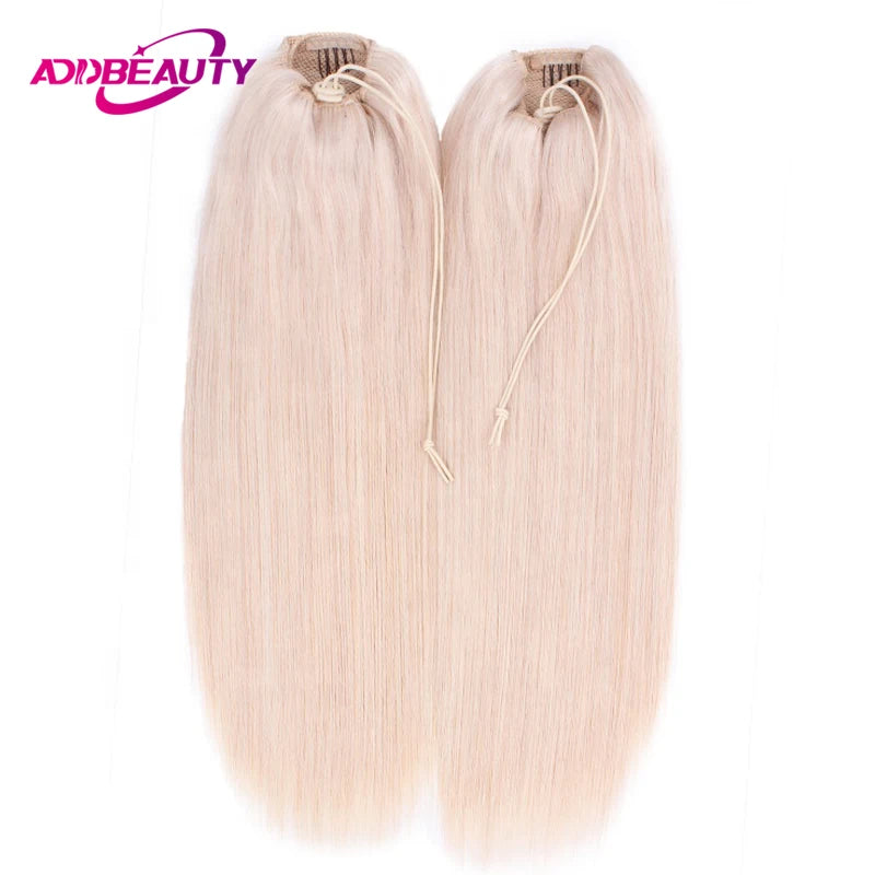 Straight drawstring ponytail human hairpiece with clips for women, natural wrapped-around horsetail style