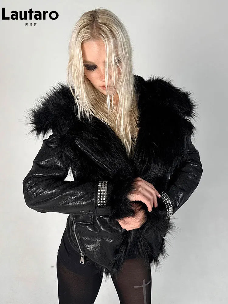 Lautaro women's black shaggy faux sheepskin coat, thick warm soft fluffy winter jacket