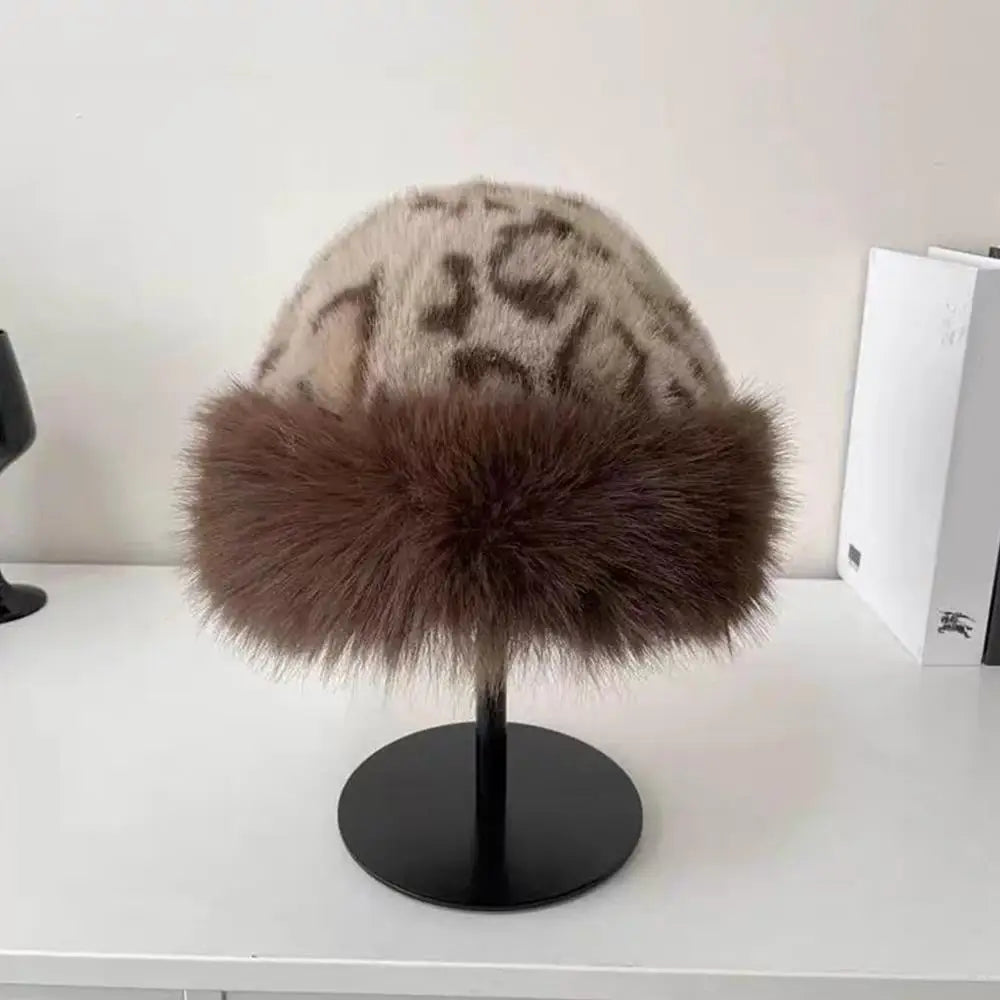 Women's leopard print faux fur fisherman hat, thick winter windproof Russian-style headgear by HSF Marketplace
