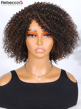 Kinky curly bob wig for women by HSF Marketplace, Brazilian Remy human hair with bangs and 200% density, easy to wear.