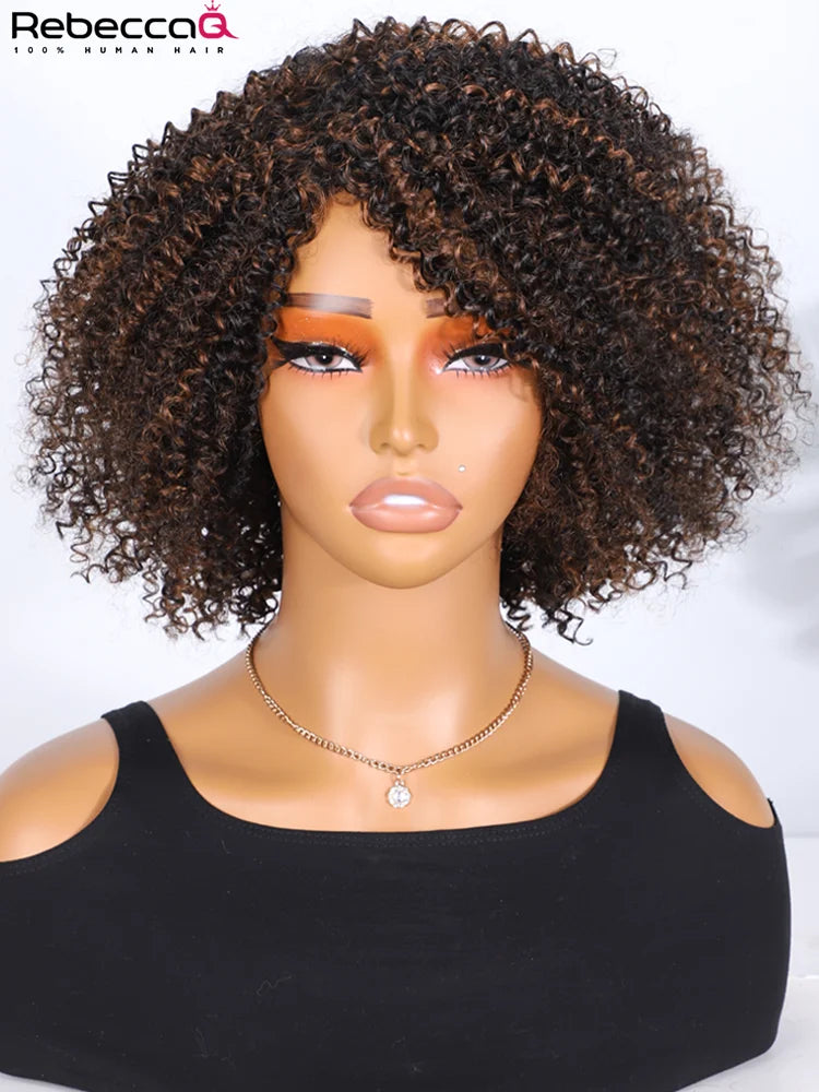 Kinky curly bob wig for women by HSF Marketplace, Brazilian Remy human hair with bangs and 200% density, easy to wear.