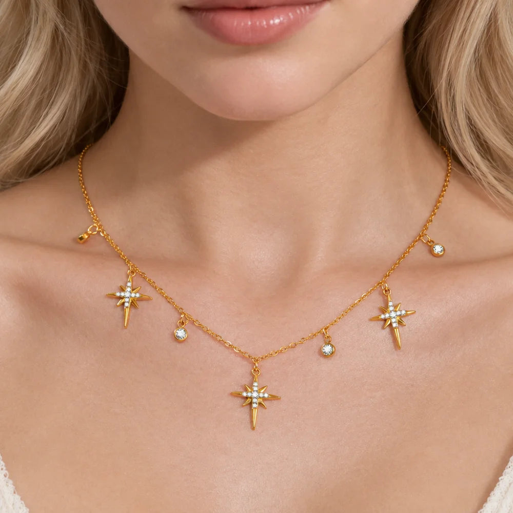Gold stainless steel North Star pendant necklace with zircon accents, waterproof jewelry for women, featuring an eight-pointed star design.