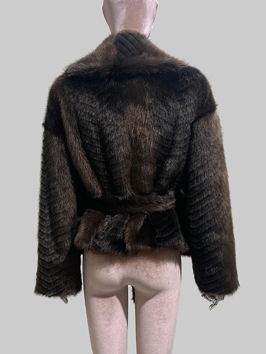 Nerazzurri women’s dark brown gradient faux mink fur coat with oversized fit, shawl collar, and sash belt