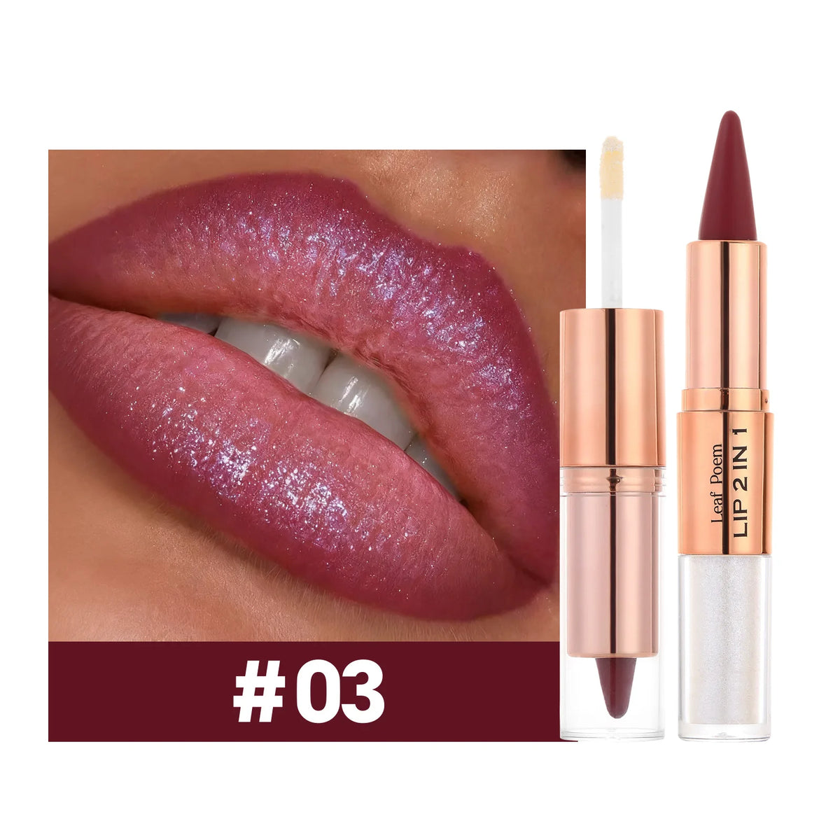Red and black waterproof lipstick and lipliner set featuring purple rose accents, matte finish, tapered contour pencil for precise application.