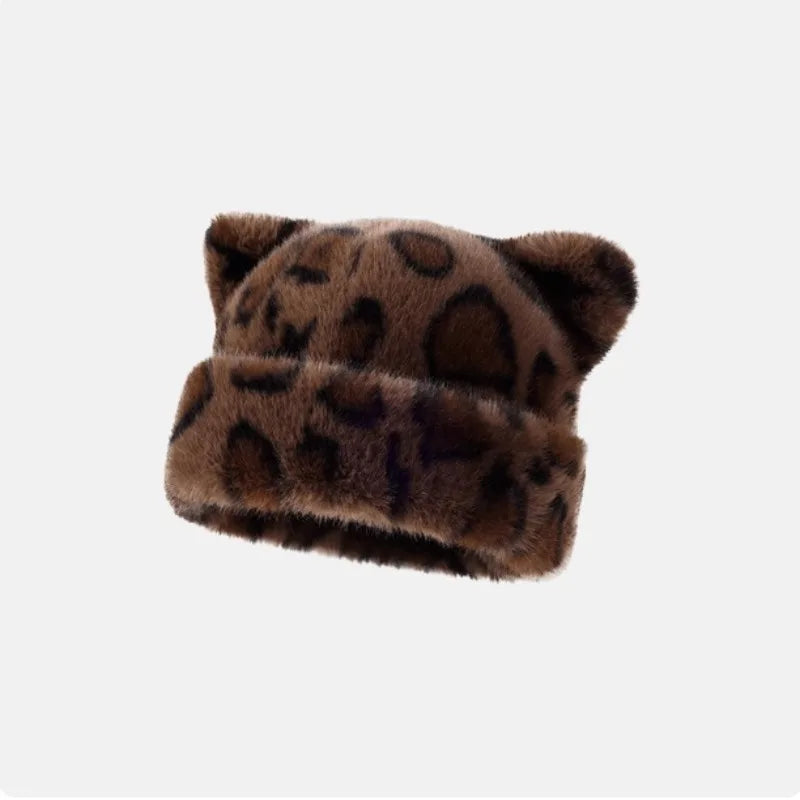 Women's leopard print plush teddy bear hooded beanie hat, thick warm retro design by HSF Marketplace