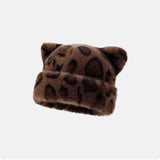 Women's leopard print plush teddy bear hooded beanie hat, thick warm retro design by HSF Marketplace