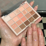 20-color Korean eyeshadow palette with low-saturation purple matte, pearlescent, glitter, and waterproof shades