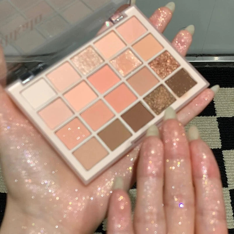 20-color Korean eyeshadow palette with low-saturation purple matte, pearlescent, glitter, and waterproof shades