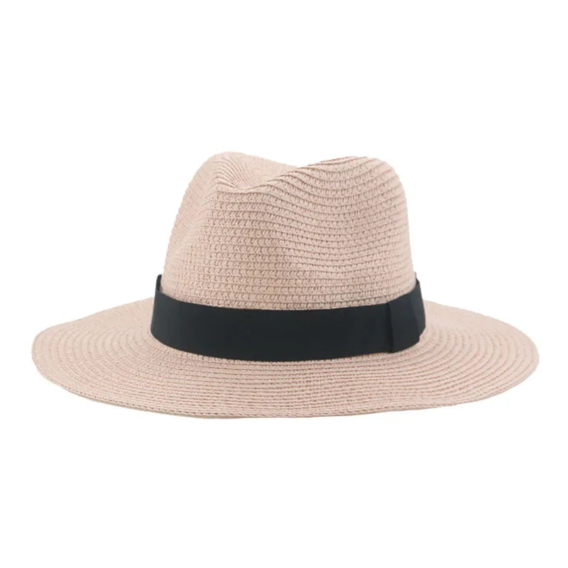 Women's black ribbon Panama straw hat for spring and summer sun protection