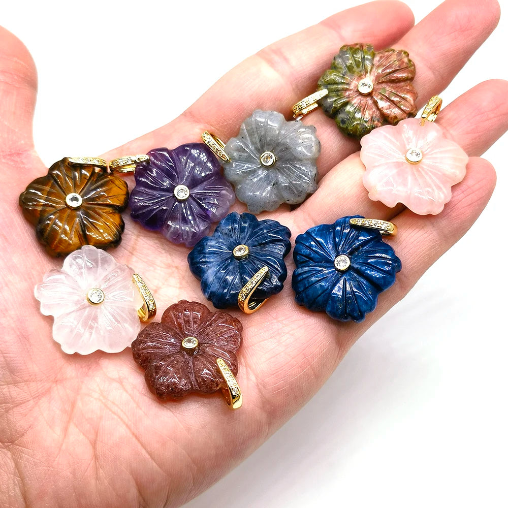 26mm Flower Shape Carved Natural Crystal Stones Amethyst Rose Quartz Tiger Eye Gemstone for Diy Necklace Pendant