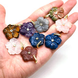 26mm Flower Shape Carved Natural Crystal Stones Amethyst Rose Quartz Tiger Eye Gemstone for Diy Necklace Pendant