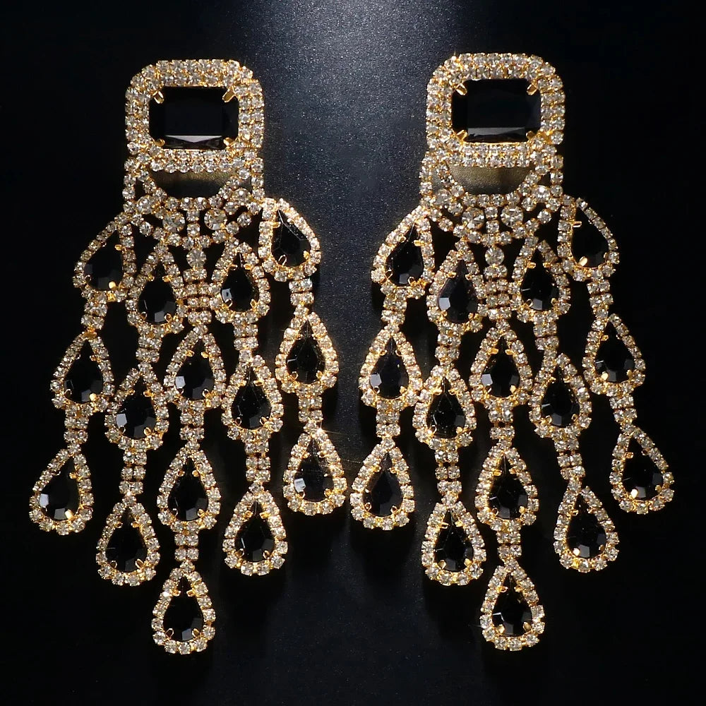 Black crystal tassel earrings for women, bridal jewelry by HSF Marketplace