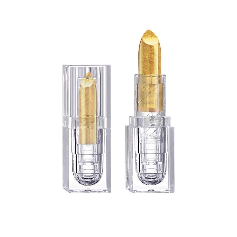 Gold metallic glitter lipstick in a transparent square tube, shiny and sparkling for Halloween, cosplay, and stage makeup.