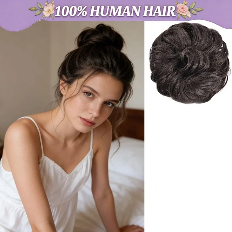 Real human hair messy bun scrunchie extension with curly wavy chignon updo style for women