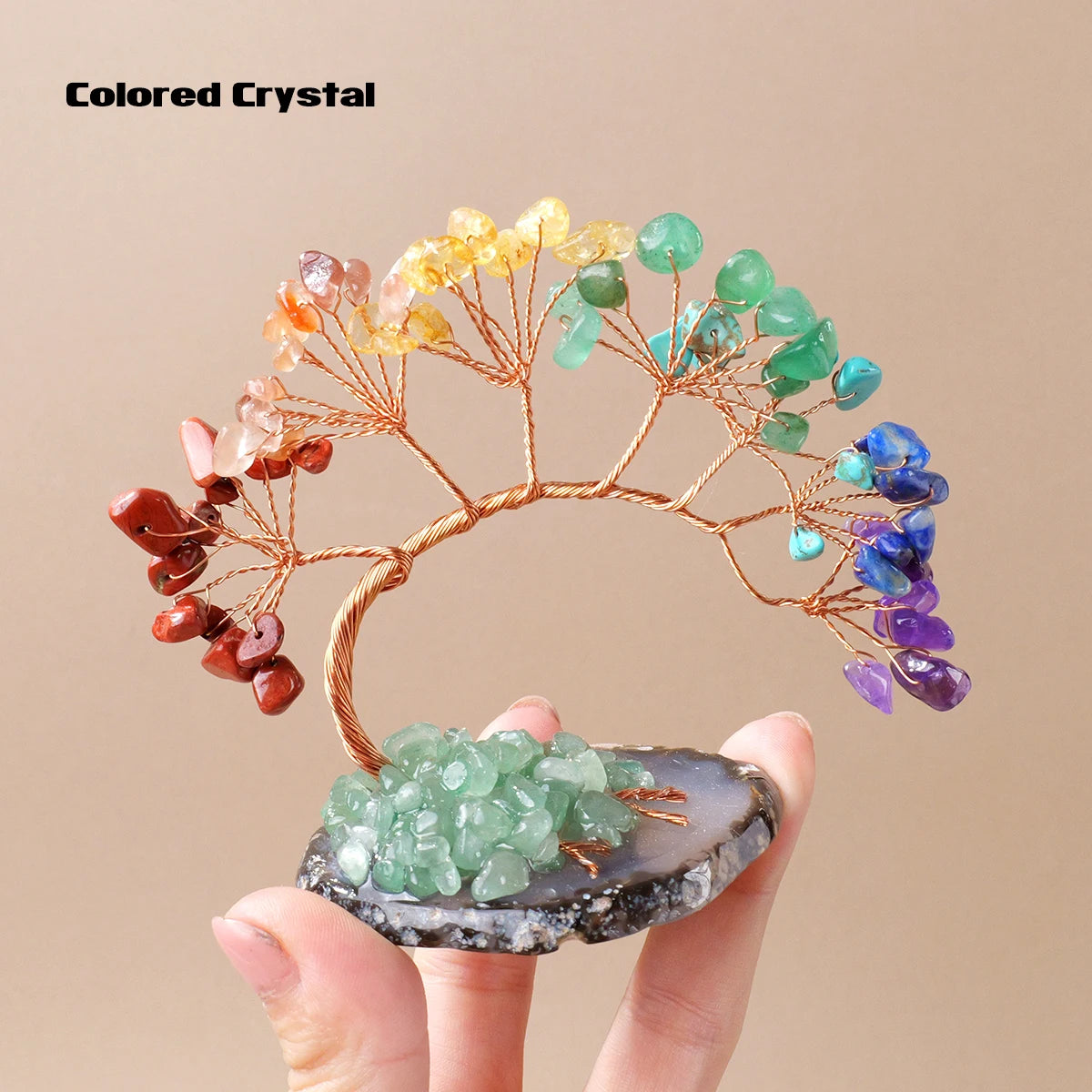 1pc Natural Crystal Lucky Tree Copper Wire Winding Amethyst Gravel With Agate Slice Base Home Decoration Money Trees
