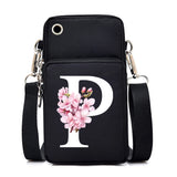 Small floral alphabet print crossbody bag for women, featuring colorful letters and a compact mobile phone purse design.