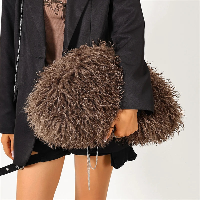 Women’s faux fur clutch bag with frame clasp, large capacity party purse, winter warm fuzzy pouch by HSF Marketplace.