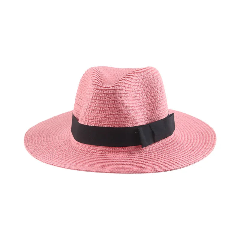 Women's black Panama straw hat with ribbon for spring and summer sun protection