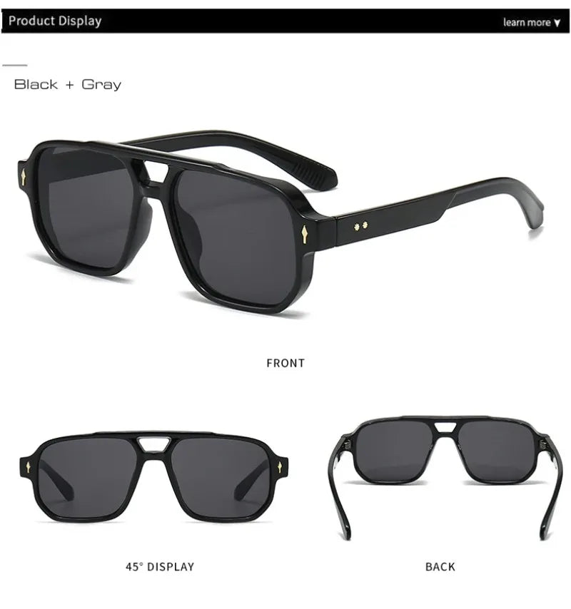 Vintage double bridge square sunglasses with clear ocean lenses, UV400 protection, rivet details, for men and women, by HSF Marketplace.