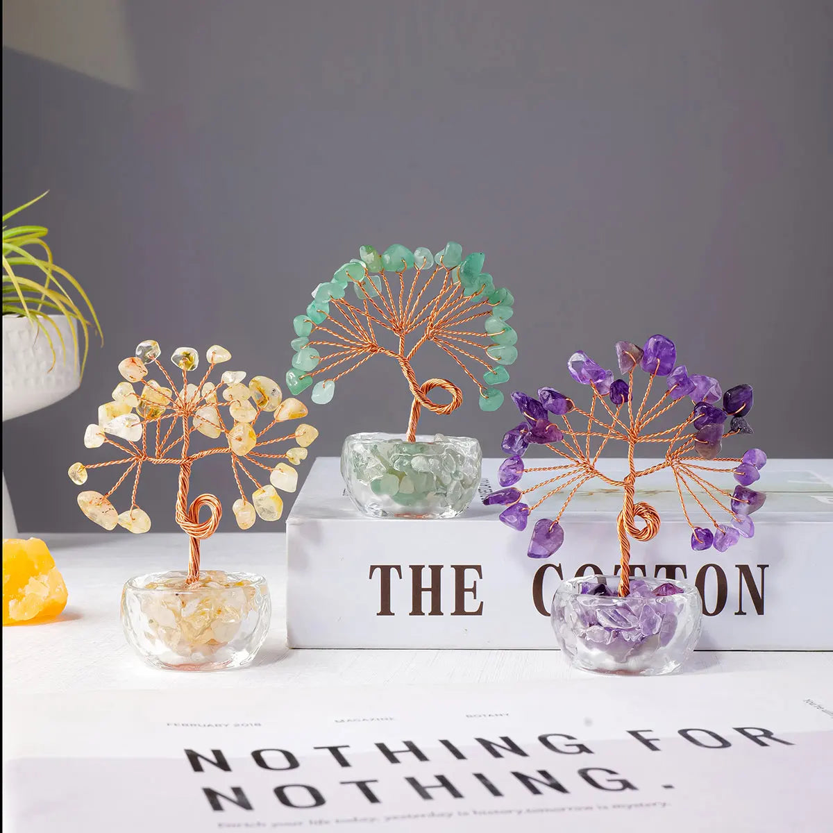 1pc Natural Crystal Lucky Tree Ornament Glass Treasure Pot Base Home Desktop Decoration Crafts Holiday Gift