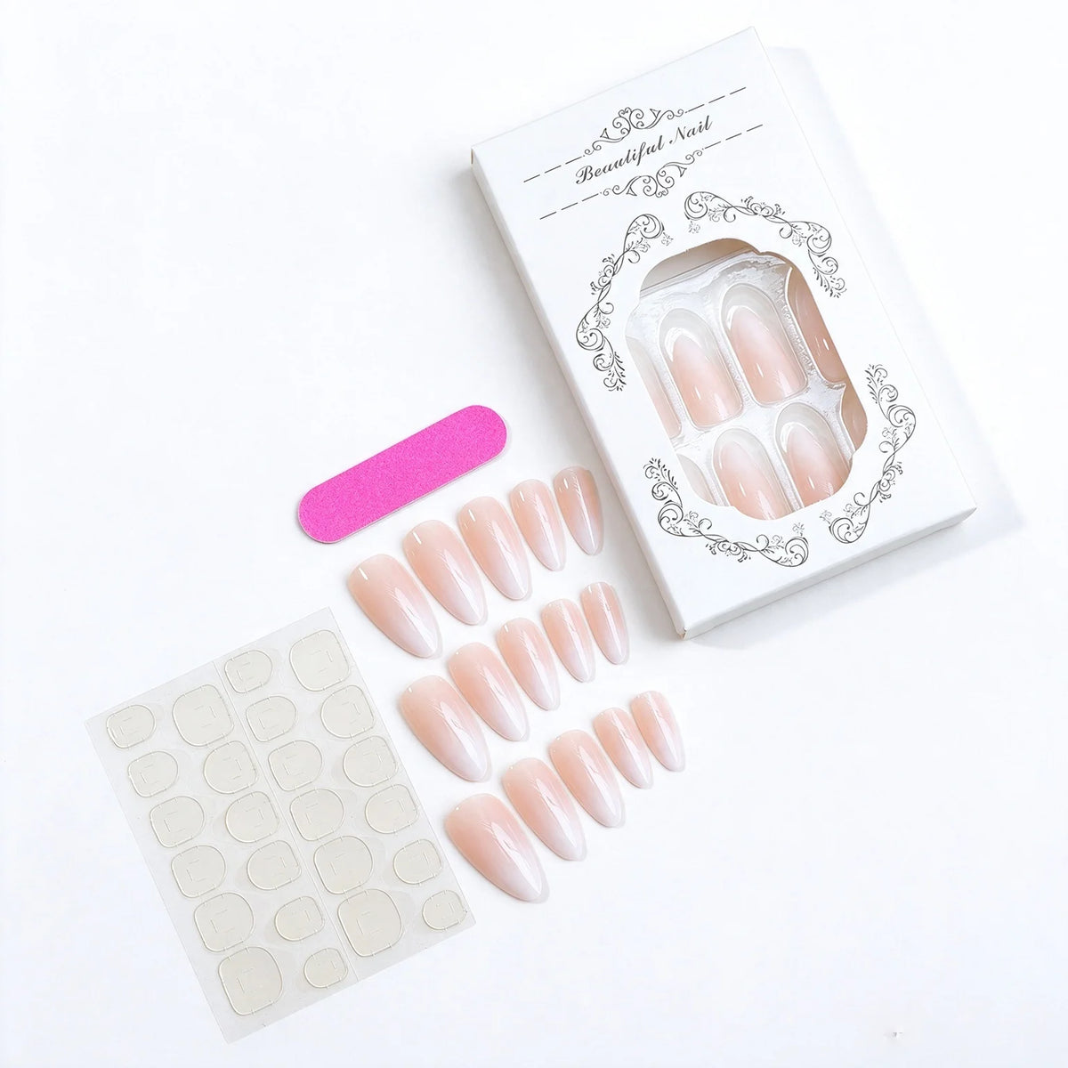 24-piece handmade medium-length almond ombre press-on false nails by HSF Marketplace