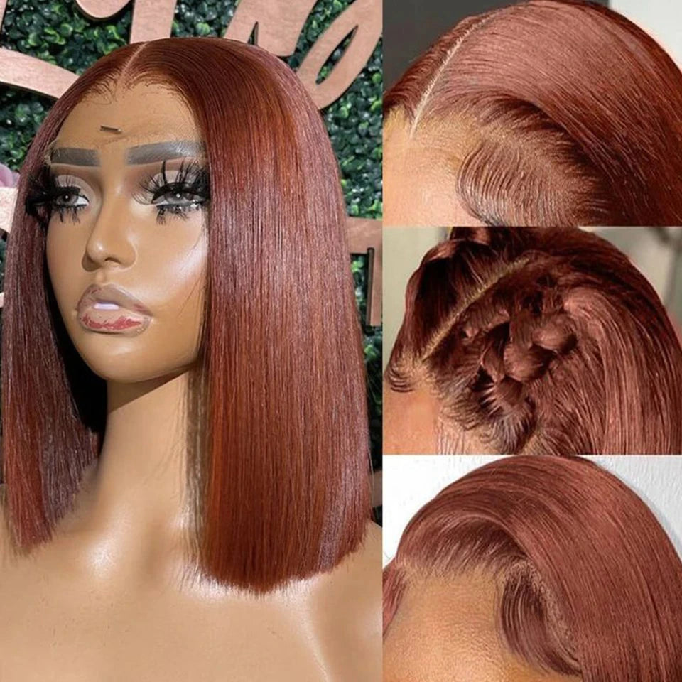Rebecca Brown color bob wig with lace front, straight Peruvian human hair, reddish brown, 13x6 inch lace part, for women.