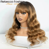 Blue Rebecca T1B body wave human hair wig with bangs, Brazilian 180D full machine-made cosplay wig for women.