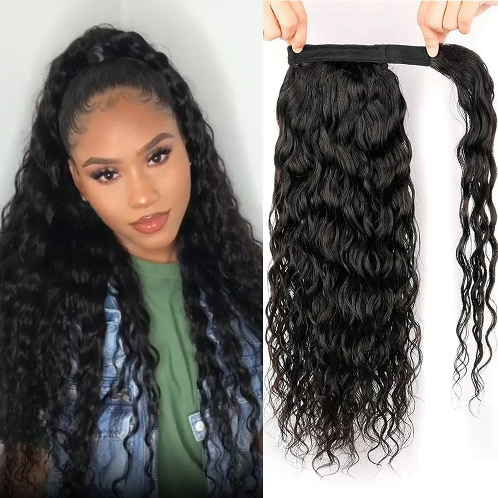 Water Wave Ponytail Extensions Human Hair Wrap Around Corn Wave Pony Magic Paste Brazilian Human Hair Extensions for Women