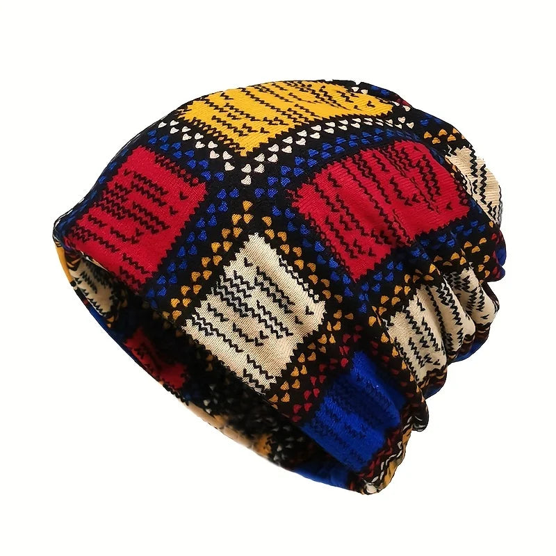 Women's vintage printed beanie hat for autumn and winter, cozy stylish design