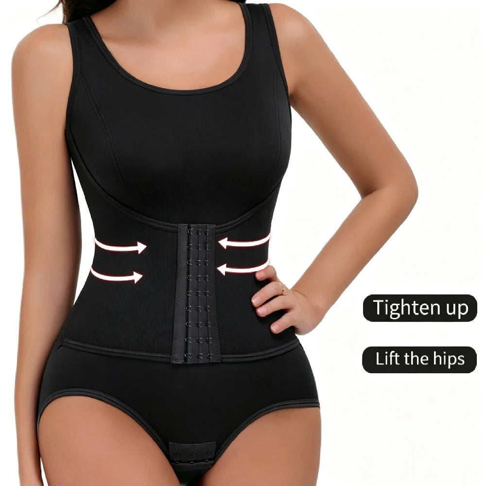 Women's full body shaper corset cincher waist trainer bodysuit by HSF Marketplace in black with tummy control tank top design
