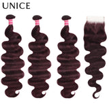 UNice Hair Black Cherry Body Wave Human Hair Bundles 2/3/4 PCS With 1PC Free Part 4x4 Inch Lace Closure