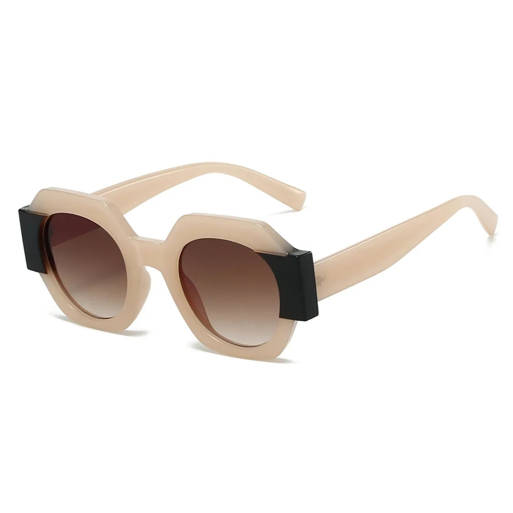 Hexagon shape designer sunglasses for women with colorful patchwork design, retro style, casual travel eyewear from HSF Marketplace