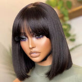 Highlighted short bob wig with bangs, 100% human hair, glueless lace, straight style, Brazilian Remy, for women, 8-14 inches.