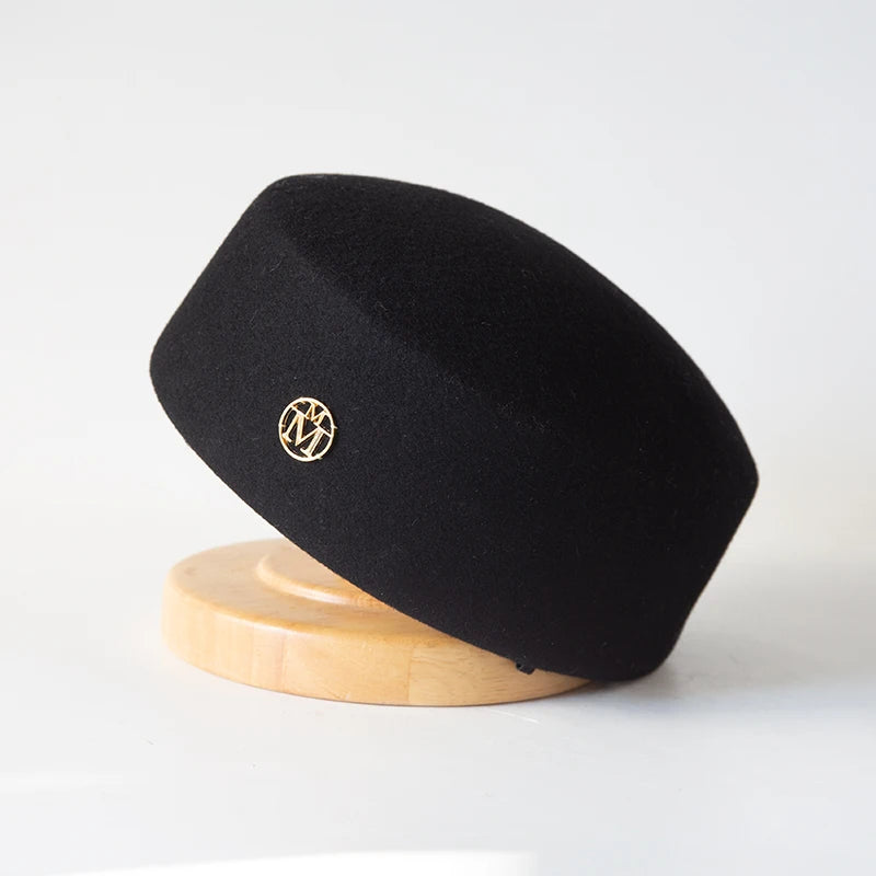 Women's vintage wool felt beret hat with hard concave top, pillbox fascinator style for weddings and parties
