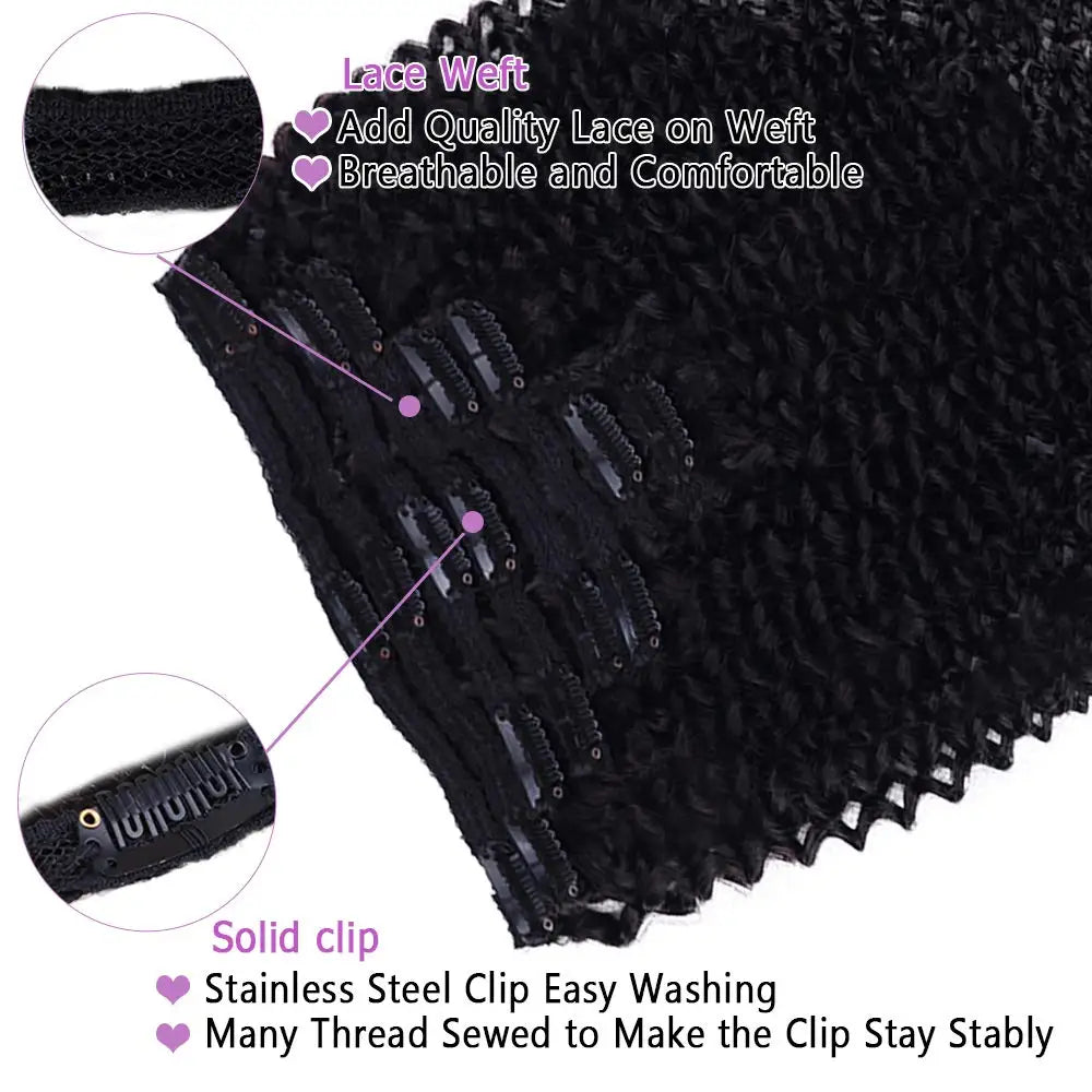 Kinky curly clip-in human hair extensions, 8-piece full head set in natural color for Black women