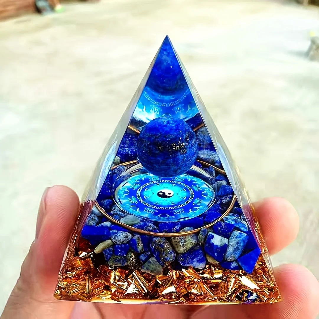 1Pc Orgone Pyramid, Natural Lapis Lazuli Sphere, Energy Orgone Pyramid Stone Decoration, Tai Chi Diagram, Bedside Decoration