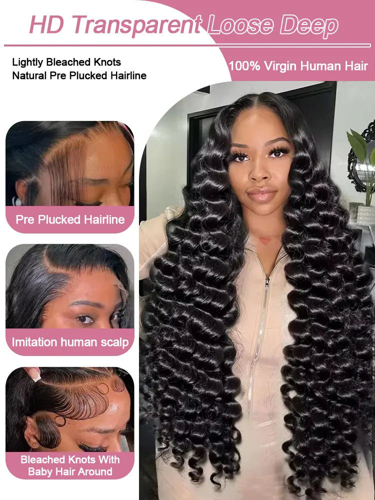 250 Density Loose Deep Wave 13x4 360 Full Lace Front Wig 40 42 Inch 13x6 HD Loose Wave Lace Frontal Human Hair Wigs For Women 100% Real Virgin Raw Human Hair Wig Bleached Knots Preplucked Natural Hairline Wet And Wavy Lace Wi