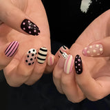24pcs Sweet Punk pink and black French polka dot striped long coffin press-on false nail tips